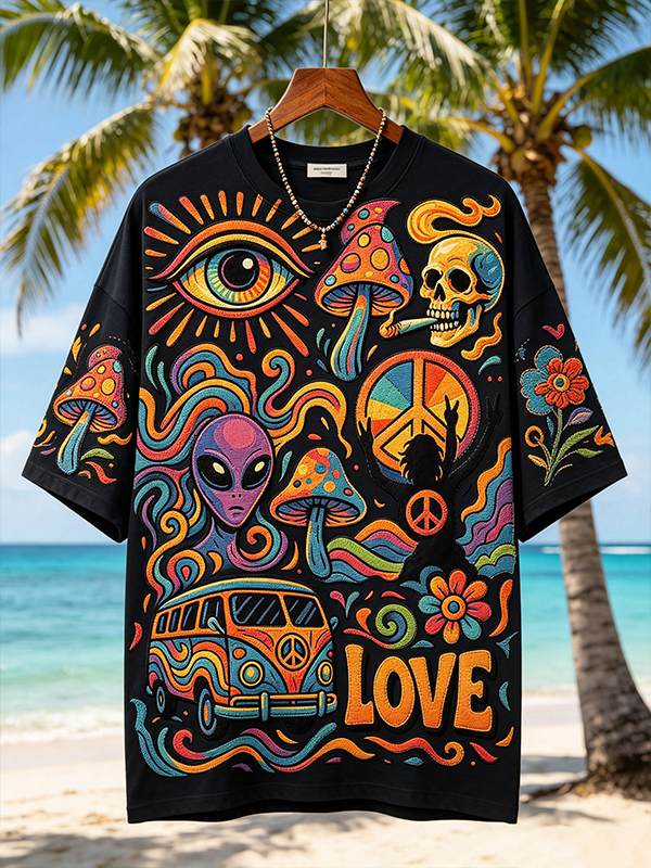 Men's Fun Hippie Style Mysterious Alien Art Print T-Shirt