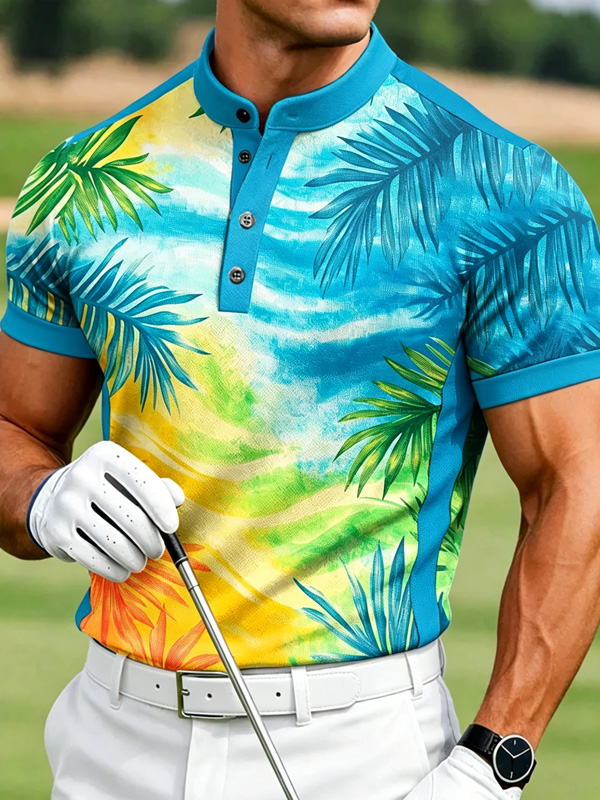 Men's Tropical Palm Leaf Print Short Sleeve Henley T-Shirt