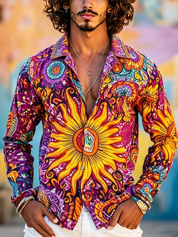 Men's Psychedelic Hippie Art Flowers All Over Print Long Sleeve Shirt