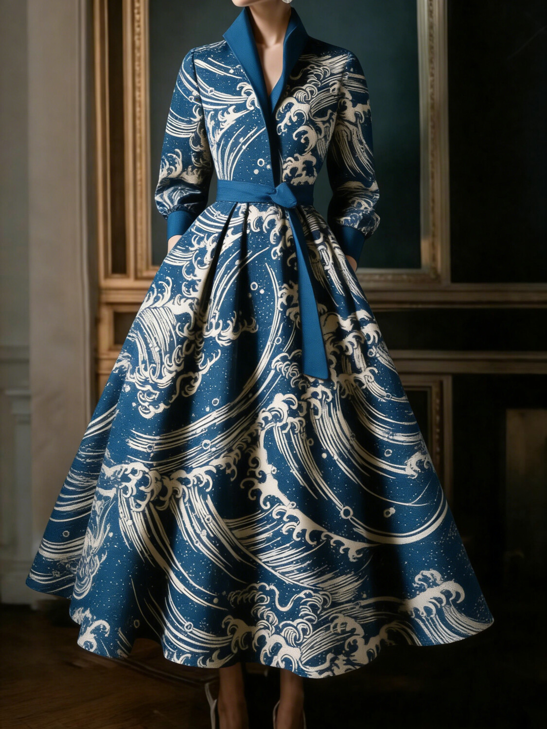 Women's Retro Ocean Japanese Art Print Long Sleeve Maxi Dress