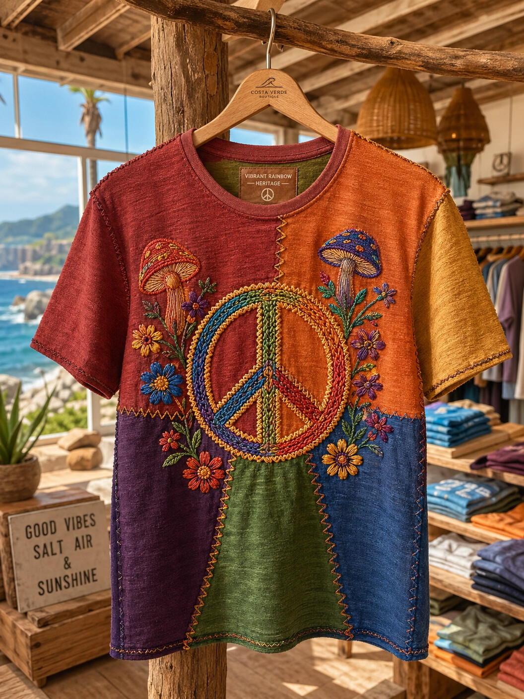 Men's Patchwork Peace Sign & Mushroom Print T-Shirt