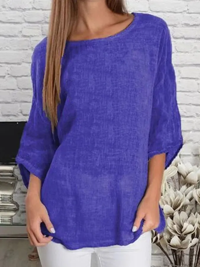 Women's Cotton Linen Round Neck Casual Loose Shirt