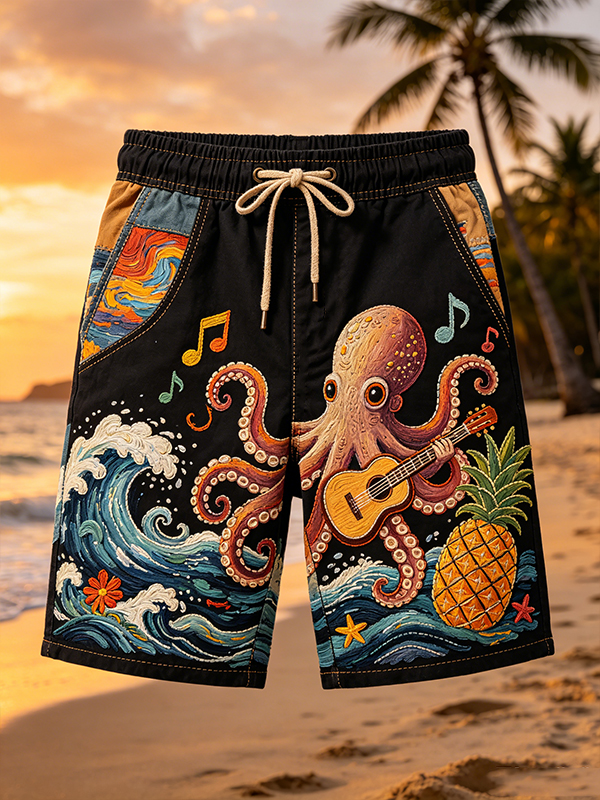 Men's Octopus Playing Guitar Pineapple Wave Art Print Casual Shorts