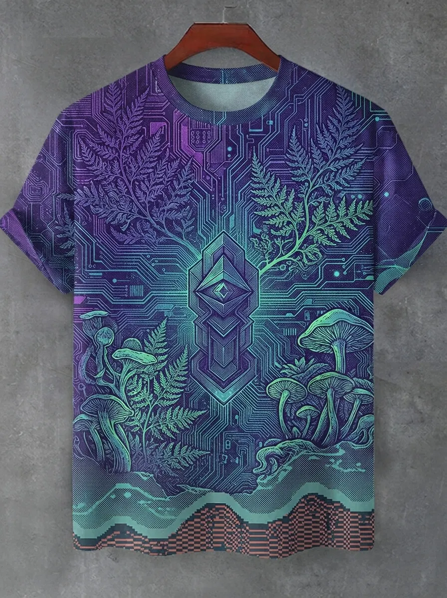 Men's Psychedelic Circuit Board Fern Magic Mushroom Gradient Art Print T-Shirt