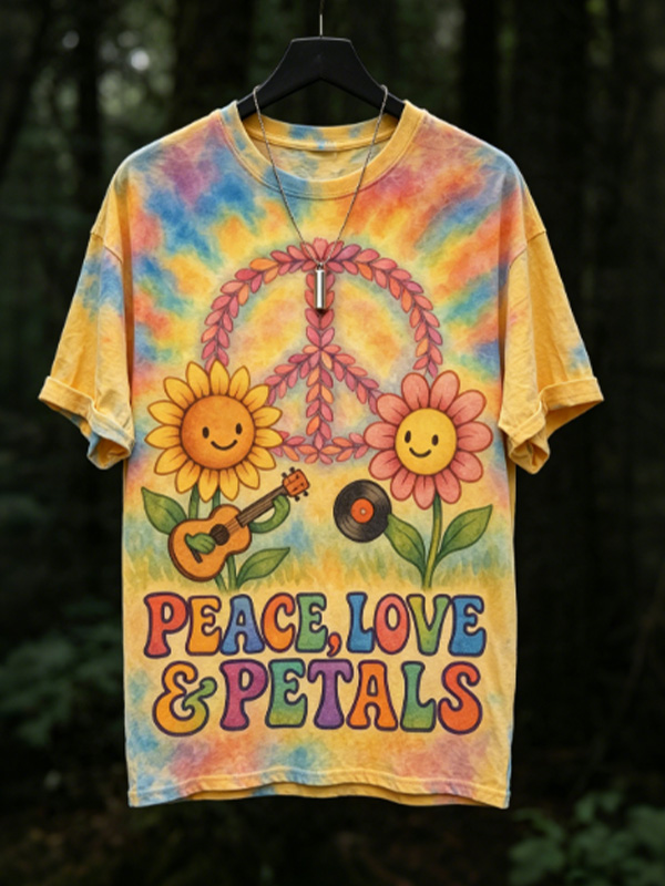 Men's Hippie Art Peace Love and Petals Tie Dye Print Casual T-Shirt