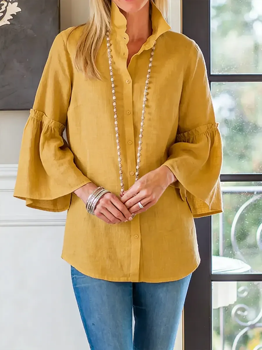 Women's Solid Color Lapel 3/4 Sleeve Casual Loose Cotton And Linen Shirt