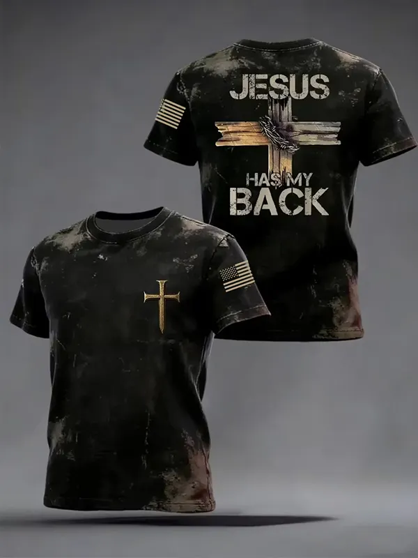Men's Jesus Cross American Flag Print T-Shirt