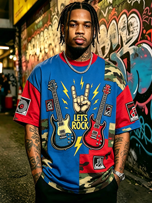 Men's Let's Rock Electric Guitar Camo Print Casual T-Shirt