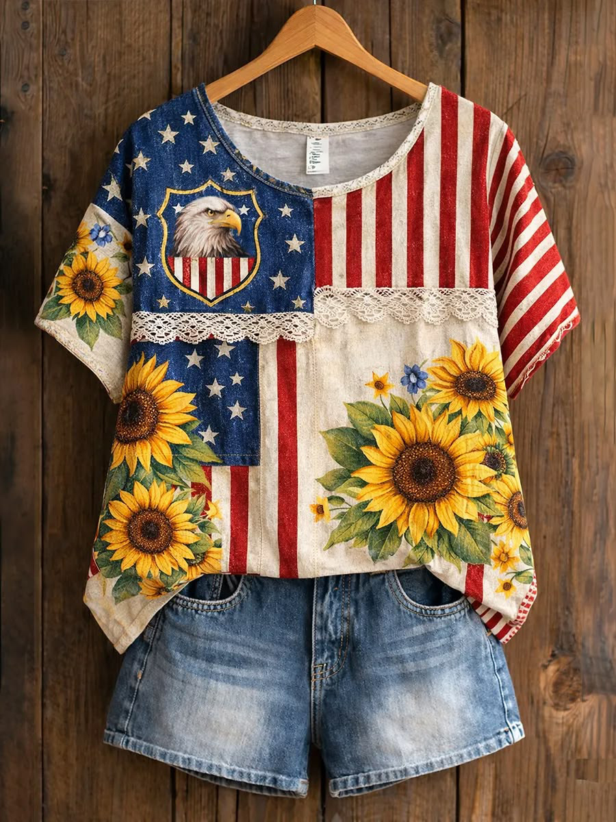 Women's Sunflower Eagle USA Flag Vintage Art Print Casual T-Shirt