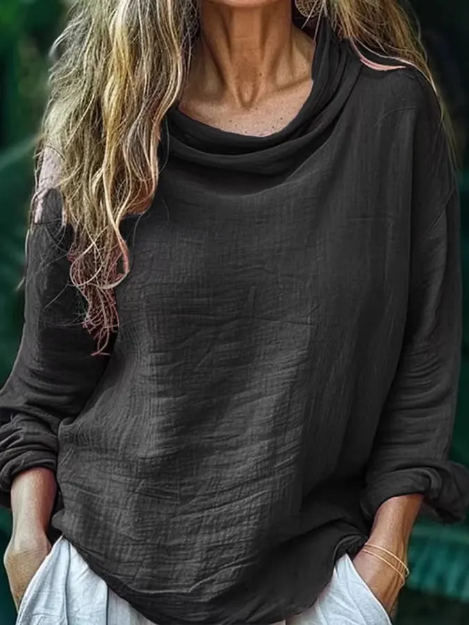 Ladies Pile Collar Pullover Pleated Long Sleeve Loose Casual Shirt