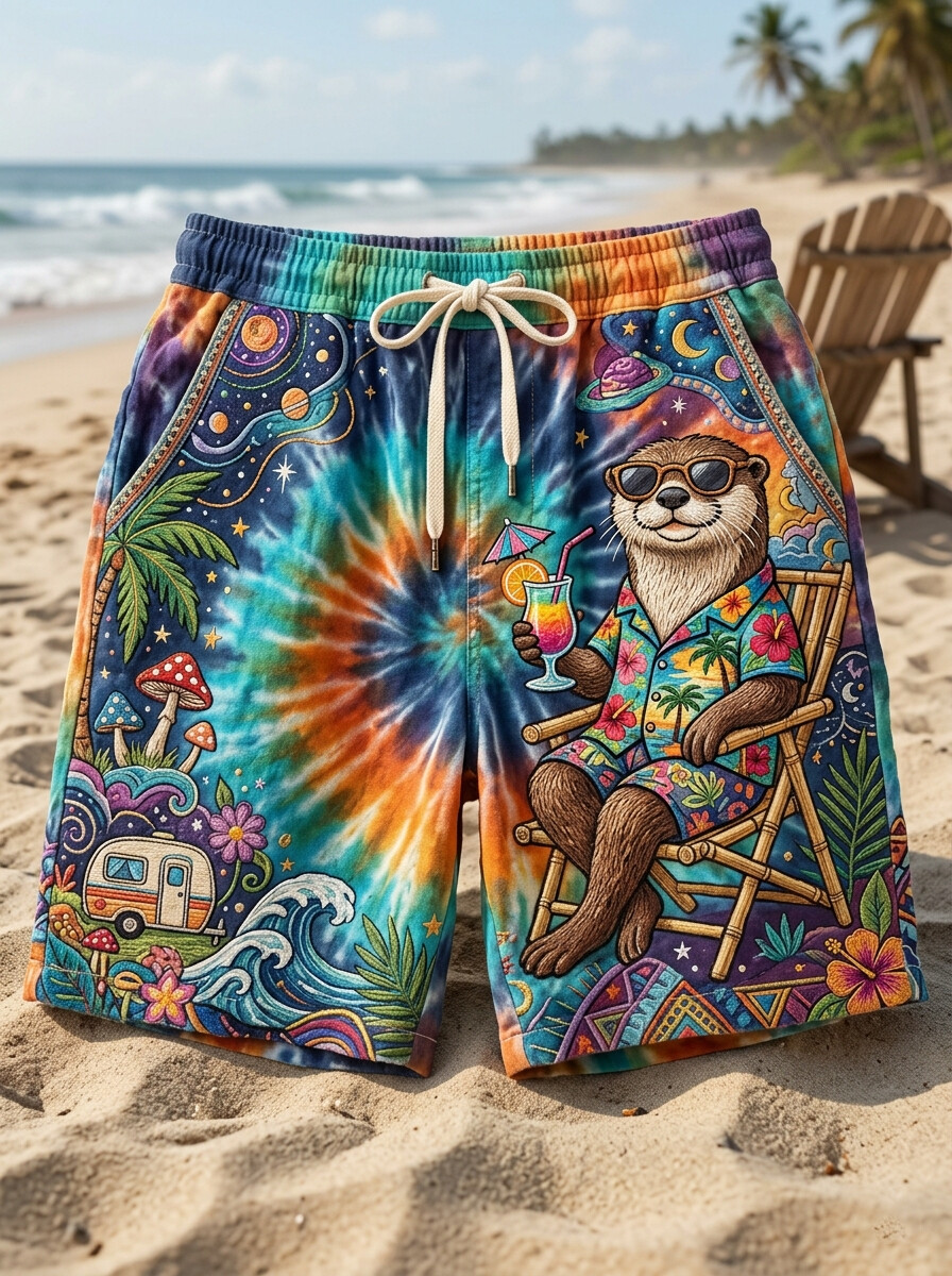Men's Tie‑Dye Beach Otter Cocktail Vacation Art Print Casual Shorts