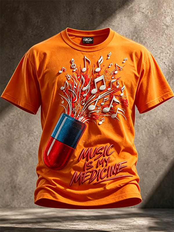 Men's Music is My Medicine Print Cotton Casual T-Shirt