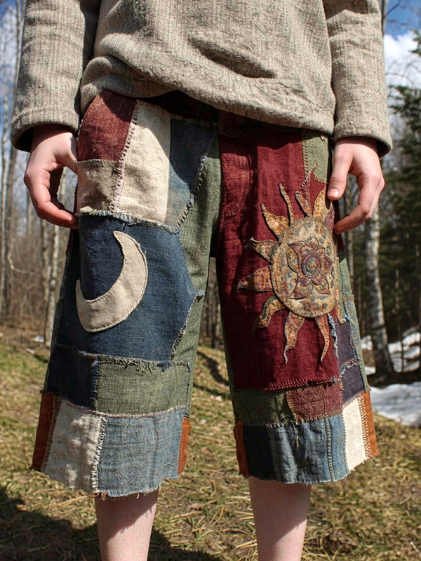 Men's Vintage Sun And Moon Patchwork Art Print Casual Shorts