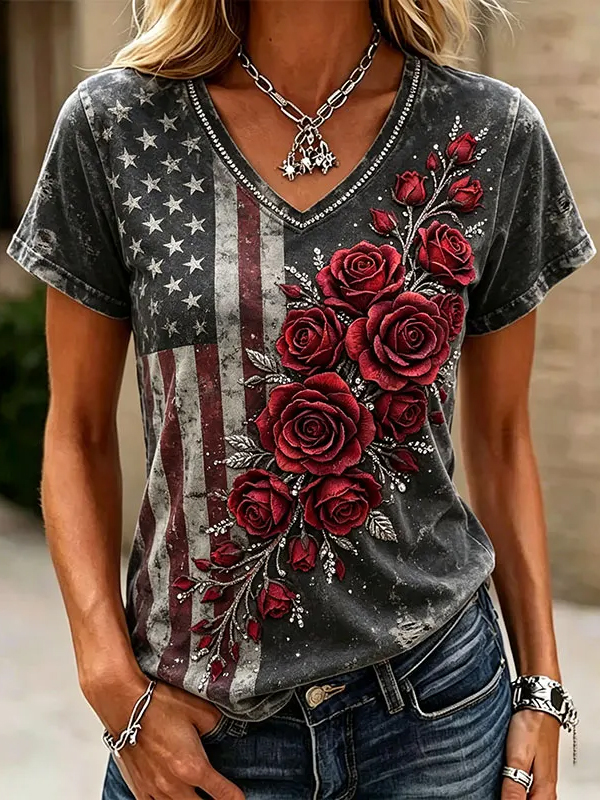 Women's Vintage American Flag Rose Print Casual V Neck T-Shirt