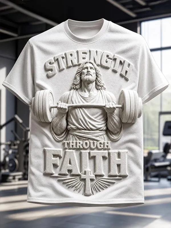 Men's Strength Through Faith Jesus Barbell Print Casual T-Shirt