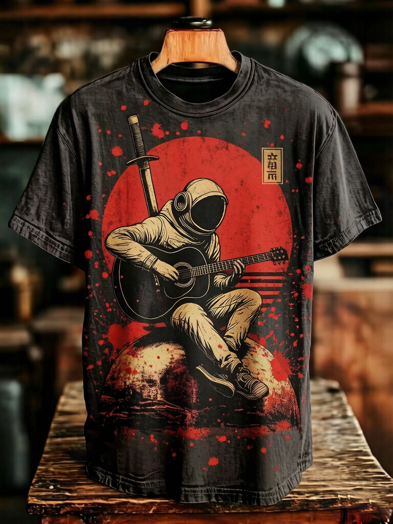 Men's Astronaut Playing Guitar Samurai Vintage Print T-Shirt