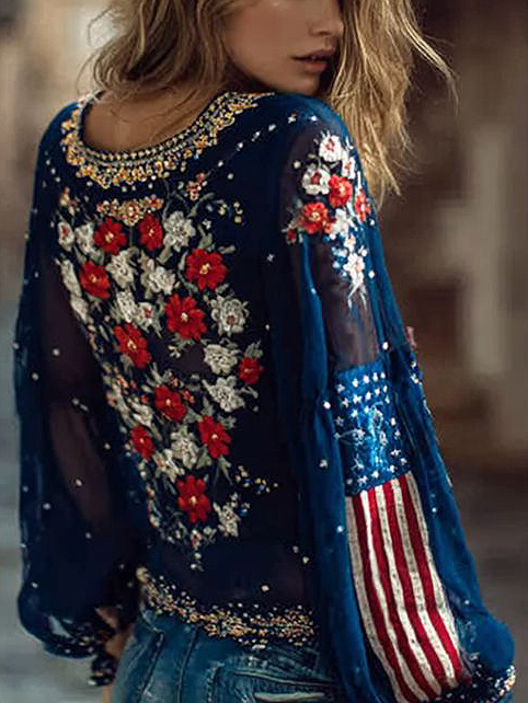 Women's American Flag Floral Art Print Long Sleeve T-Shirt