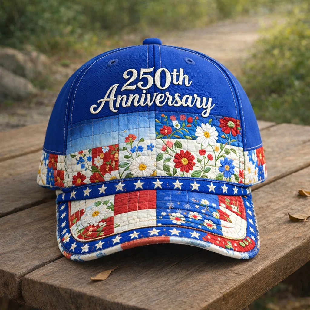 Patriotic USA 250 Anniversary Cap | Embroidered Flower & Flag Design
