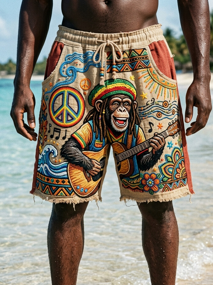 Men's Reggae Monkey Playing Guitar Peace Sign Patchwork Art Print Casual Shorts