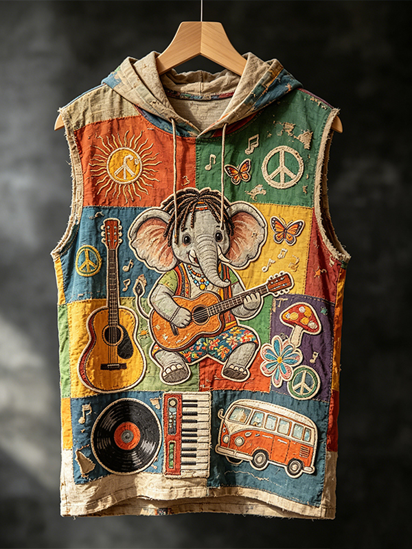 Men's Boho Elephant Guitar Patchwork Print Hooded Tank Top