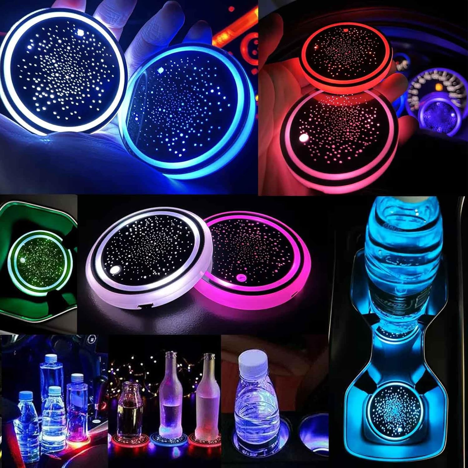 🔥LED Cup Holder Lights for Car, Rechargeable 7 Color-Changing Light Up Cup Holder Insert Coasters