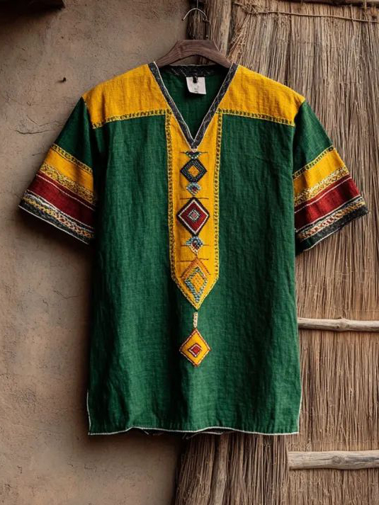 Men's Vintage Black Ethnic Art Print V Neck T-Shirt