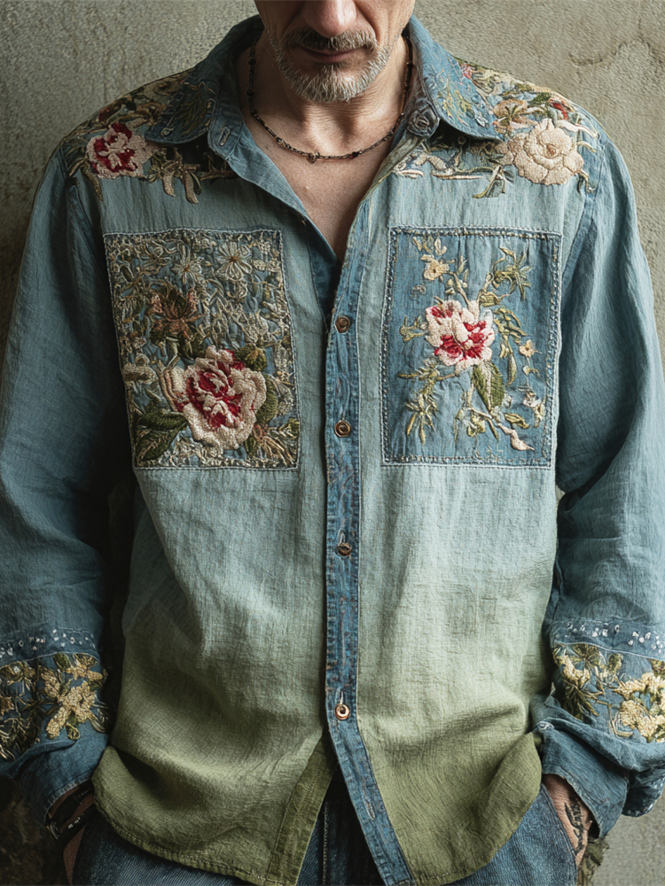 Men's Vintage Gradient Floral Art Print Long Sleeve Shirt