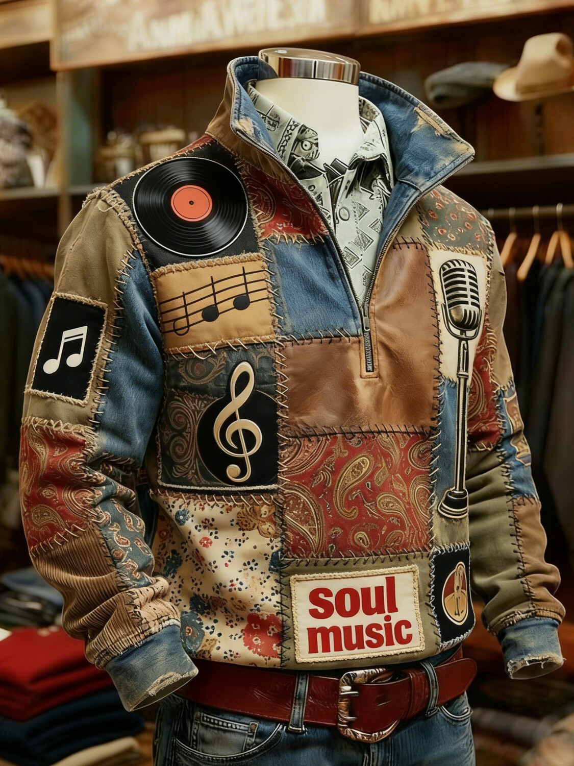 Men's Soul Music Retro Microphone Vinyl Paisley Print Quarter Zip Sweatshirt