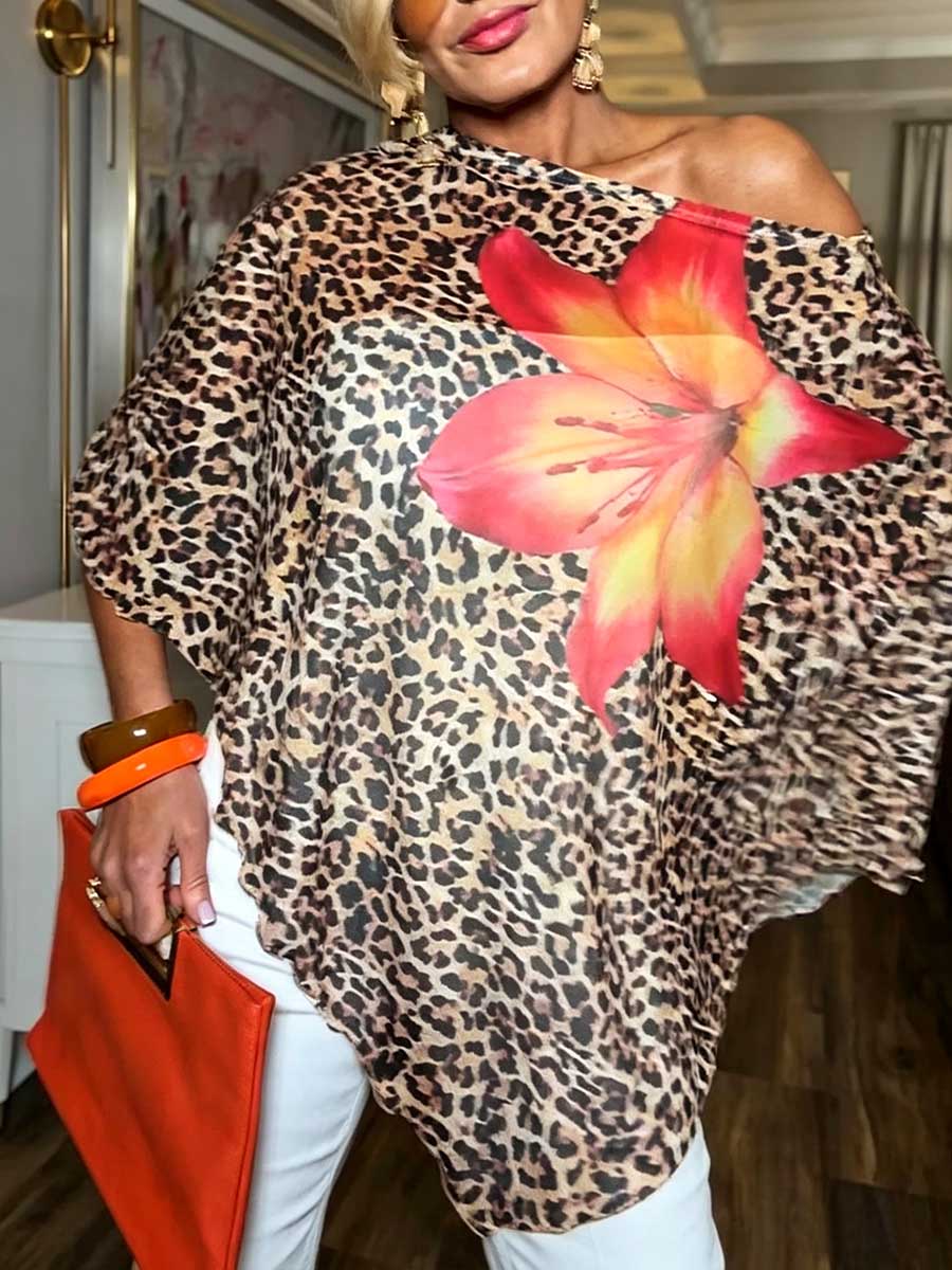 Women's Round-neck 3/4-sleeve Casual Loose-fit Leopard Print Chiffon Top
