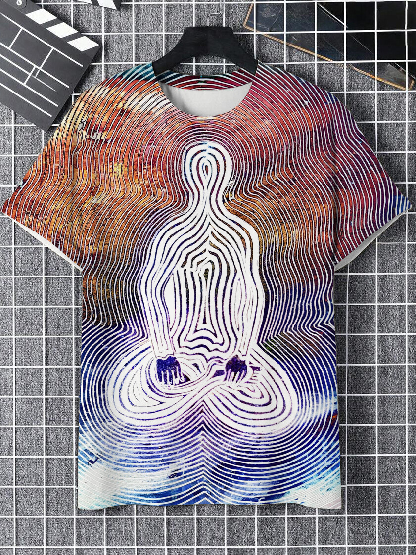 Men's Gradient Zen Meditation Contour Line Print T-Shirt