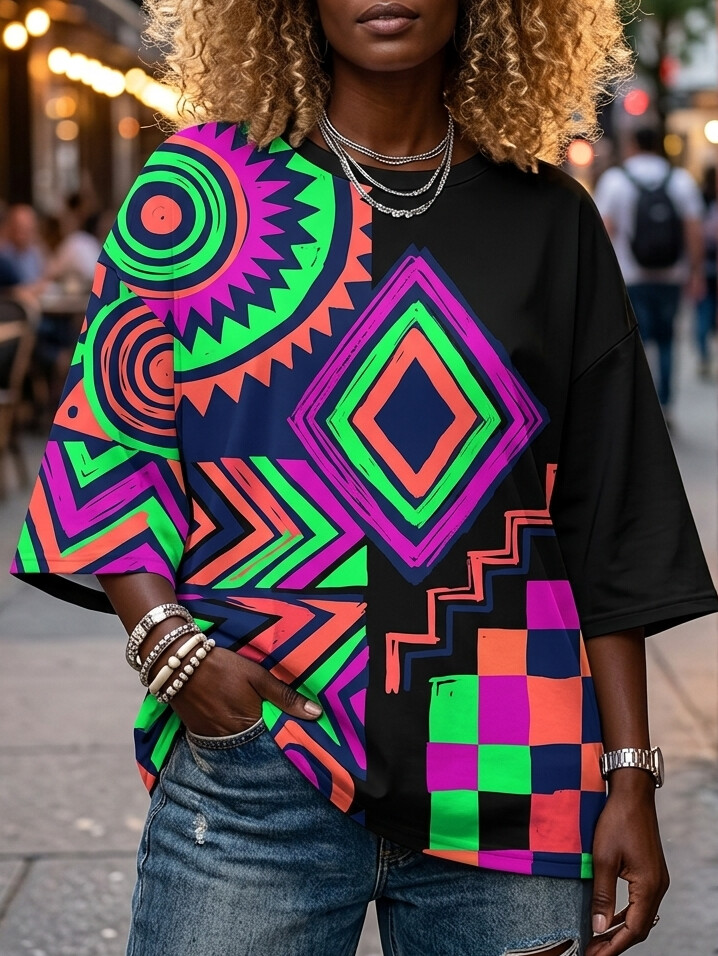 Women's Colorful Geometric Patterns Art Print Casual T-Shirt