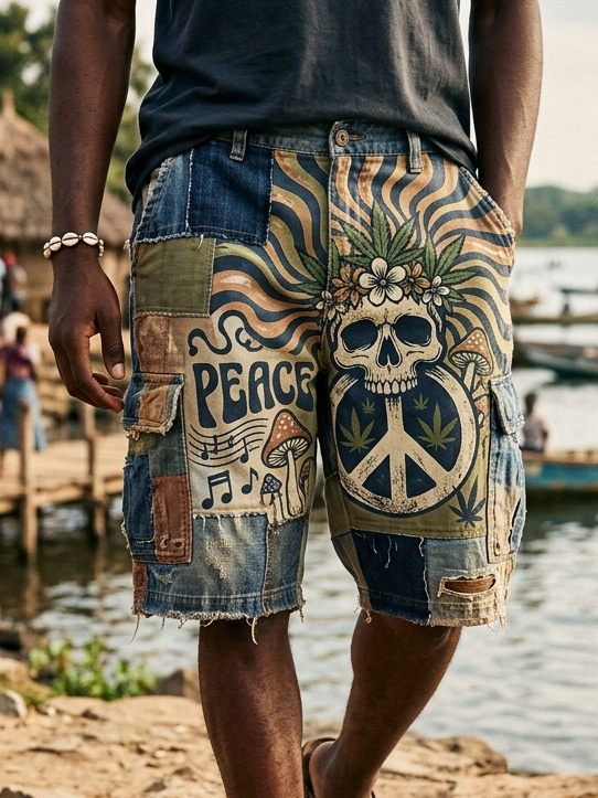 Men's Peace Sign Skull Patchwork Vintage Hippie Print Casual Shorts