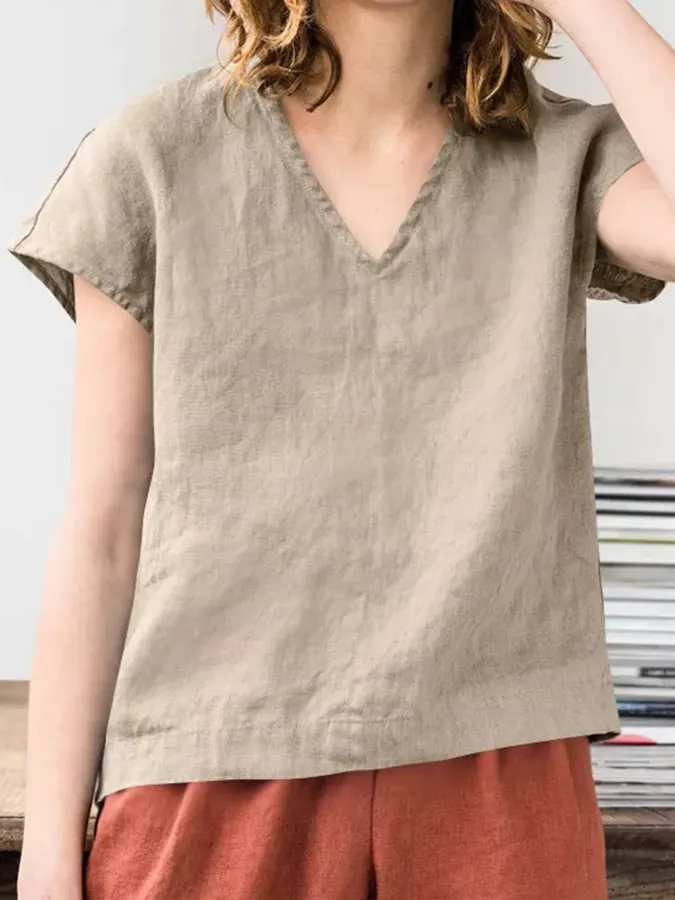 Women's Cotton Linen V-Neck Loose Simple Shirt