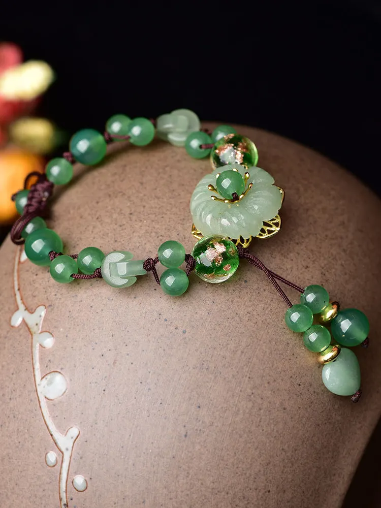 Buddha Stones Natural Green Jade Beaded Luck Dangling Flower Bracelet