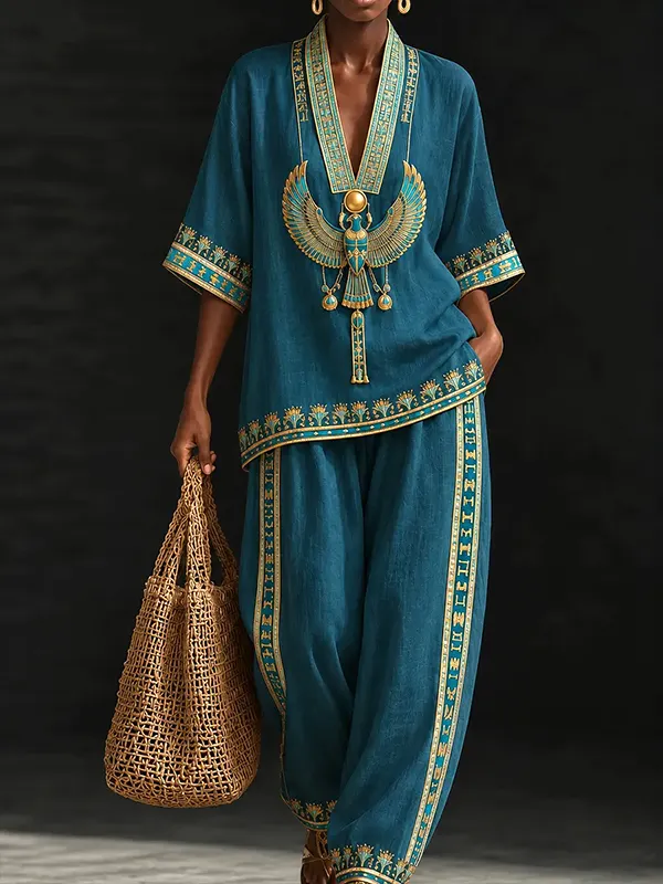 Women's Bird Symbolism Ancient Egypt Print Deep V Neck Half Sleeve T-Shirt Wide Leg Pants Matching Set