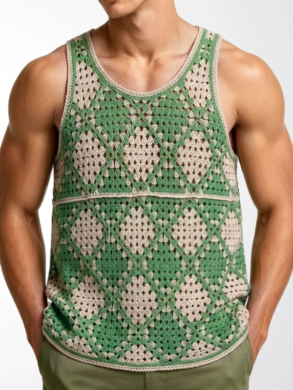 Men's Contrast Color Hollow Out Argyle Crochet Knit Tank Top