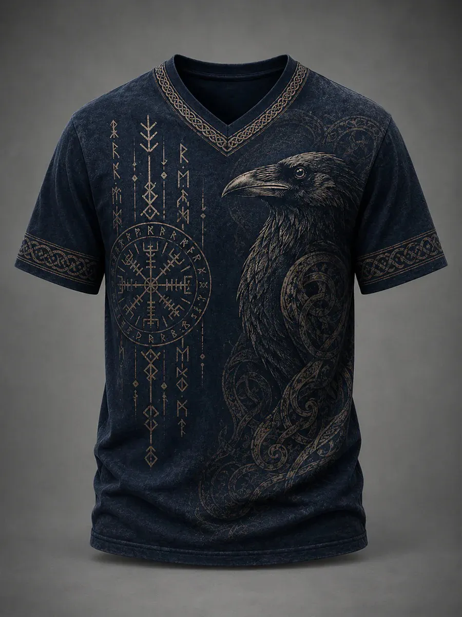 Men's Viking Raven Rune Compass Celtic Knot Print V Neck T-Shirt