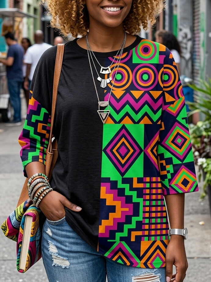 Women's African Color Block Geometric Tribal Dashiki Print Casual T-Shirt