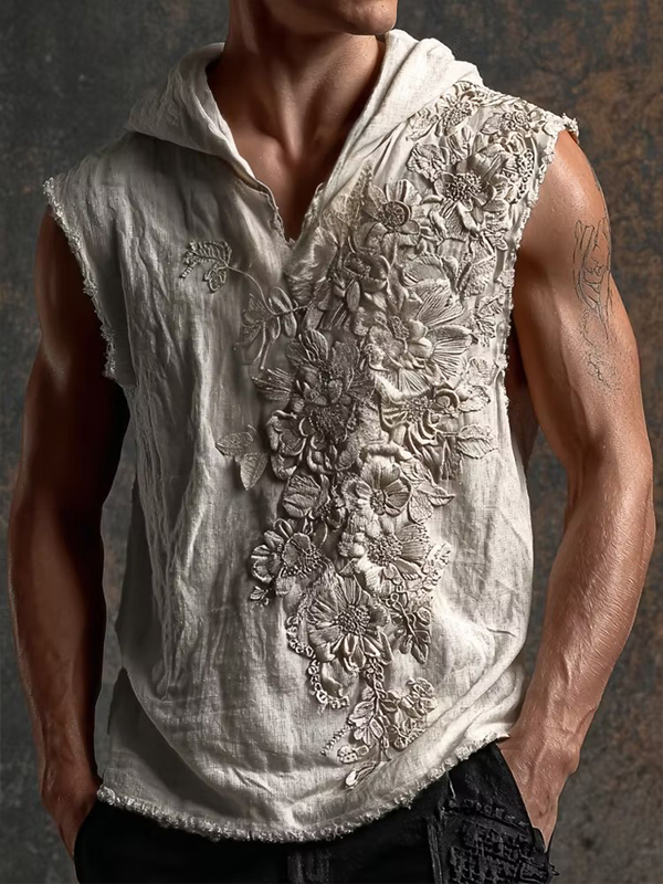Men's Vintage White Lace Floral Art Print Workout Hooded Tank Top
