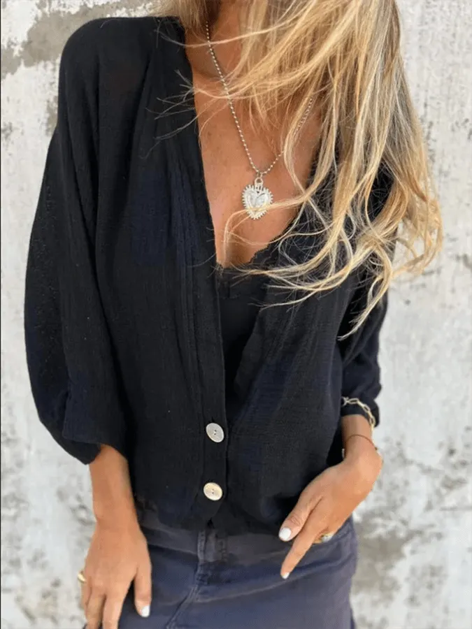 Women's Casual Loose V-Neck Button-Down Cotton And Linen Shirt