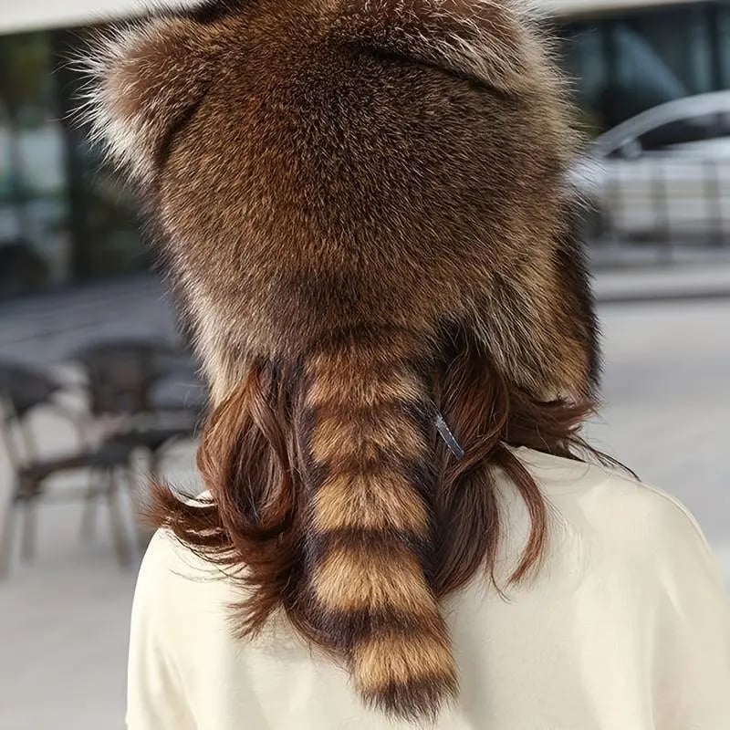🔥Last Day 50% OFF - 🎄🦝Raccoon Tail Mood Hat – Retro Y2K Detachable Fluffy Earmuffs, Hypoallergenic Winter Accessory