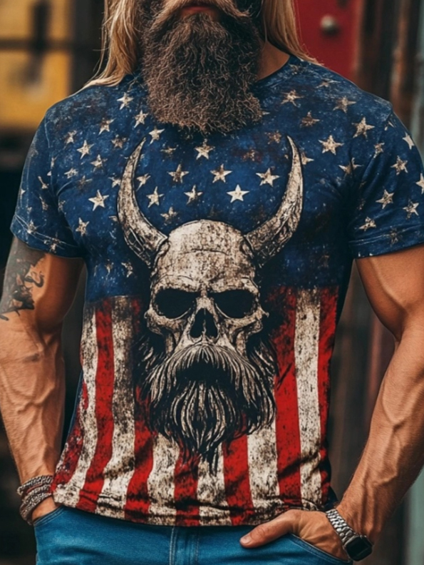 Men's Retro Viking American Flag Print Casual T-Shirt