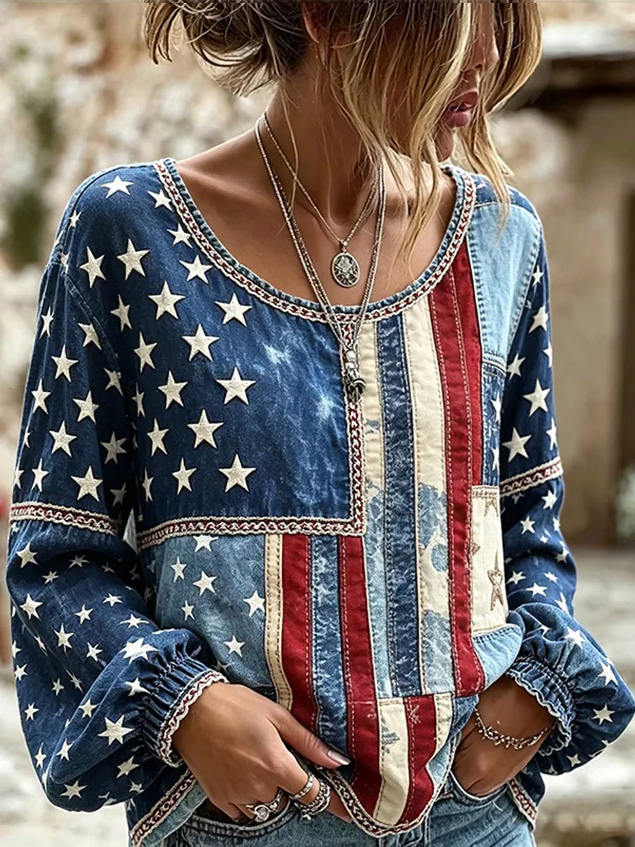 Women's Stars American Flag Independence Day Print Long Sleeve T-Shirt
