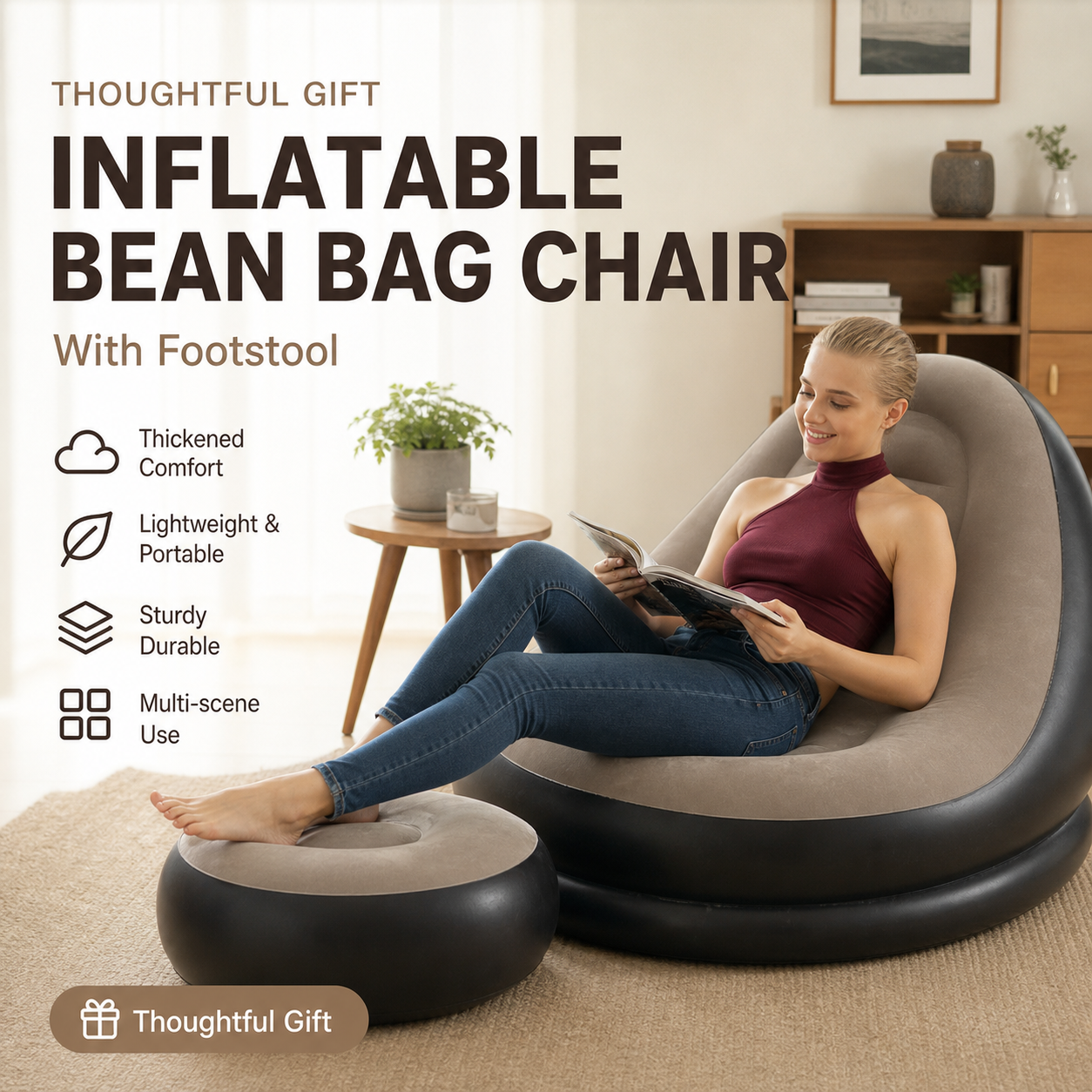 [Thoughtful Gift] Thickened Inflatable Bean Bag Chair For Adults With Footstool