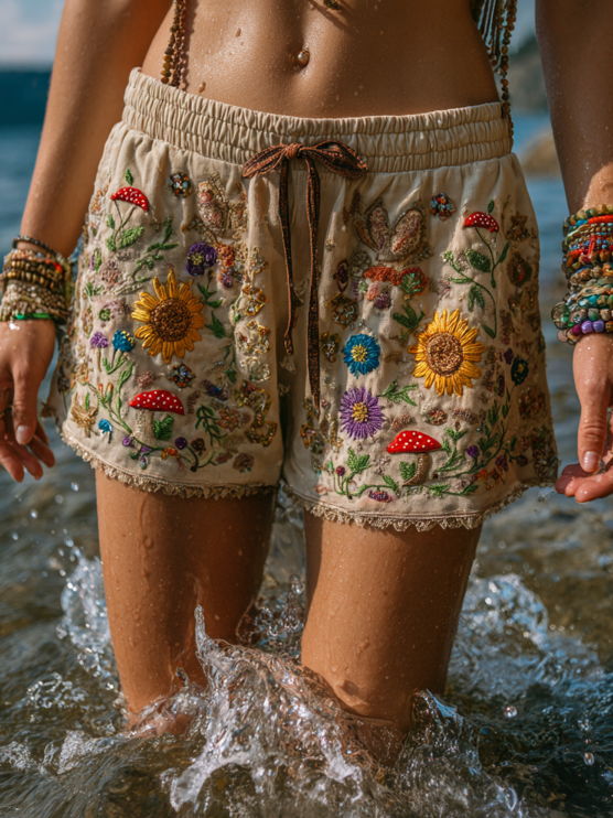 Women's Boho Sunflower & Mushroom Art Print Casual Shorts