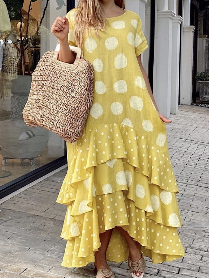 Women's Cotton Linen Polka Dot Print Panel Dress