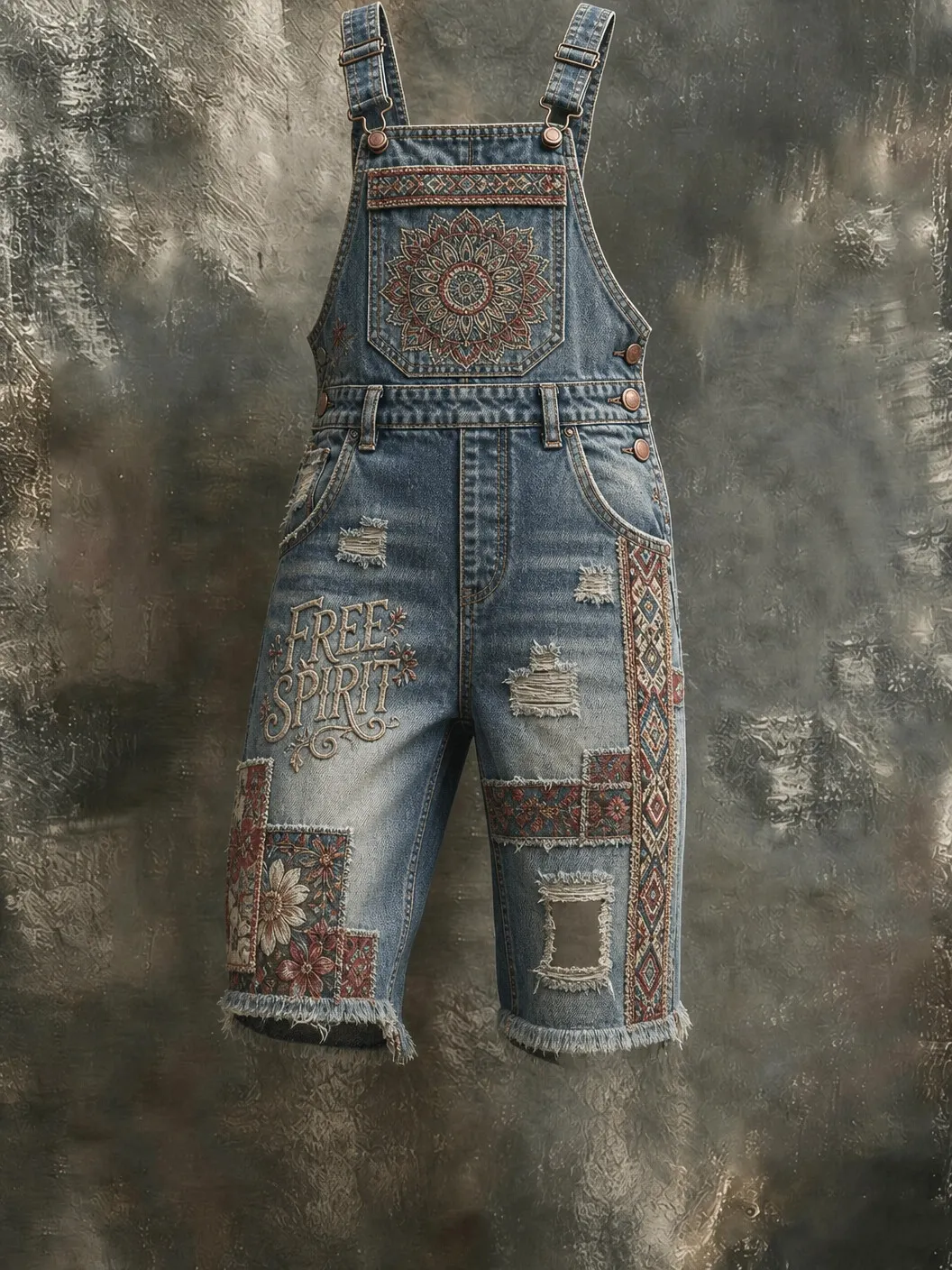 Men's Western Hippie Floral Patchwork Free Spirit Print Shorts Overalls
