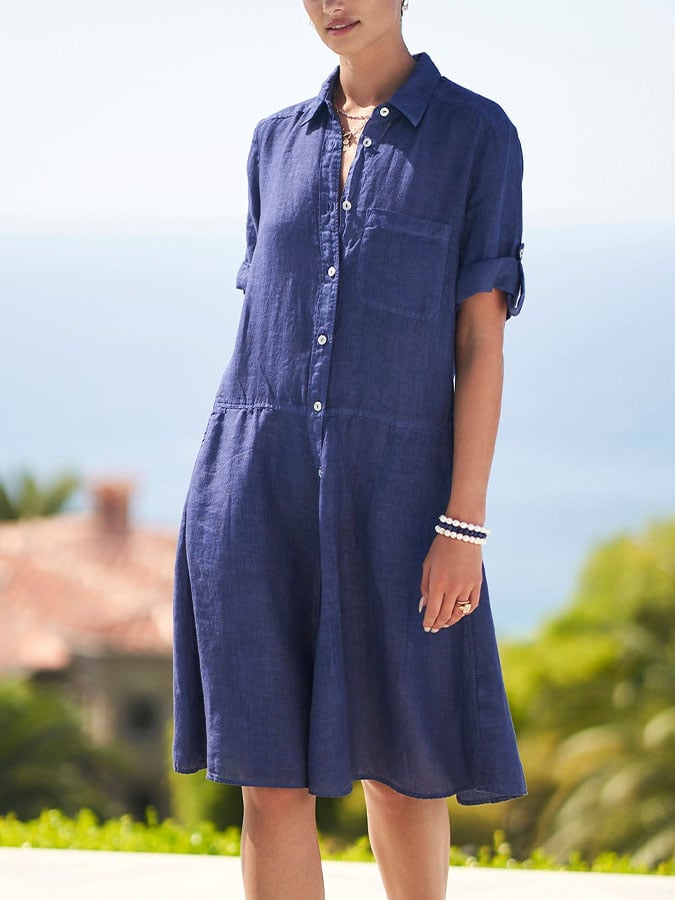 Women's Casual Solid Color Lapel Short Sleeve Button Dress