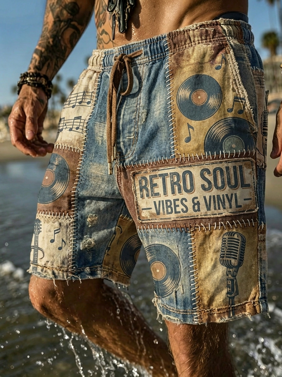 Men's Retro Soul Music Geometric Patchwork Print Casual Shorts