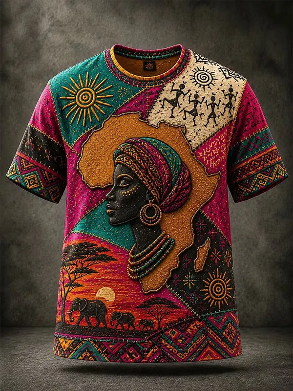Men's Afro Art Sunset Scenery Wild Animals Black Queen Map of Africa Collage Print Casual T-Shirt